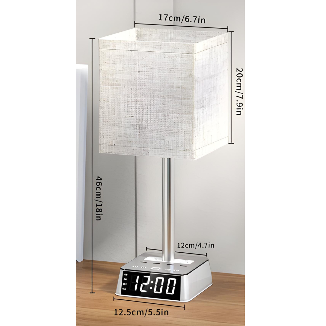Table Lamp 4 USB Ports 2 AC Power Outlets Alarm Clock w/ LED Display