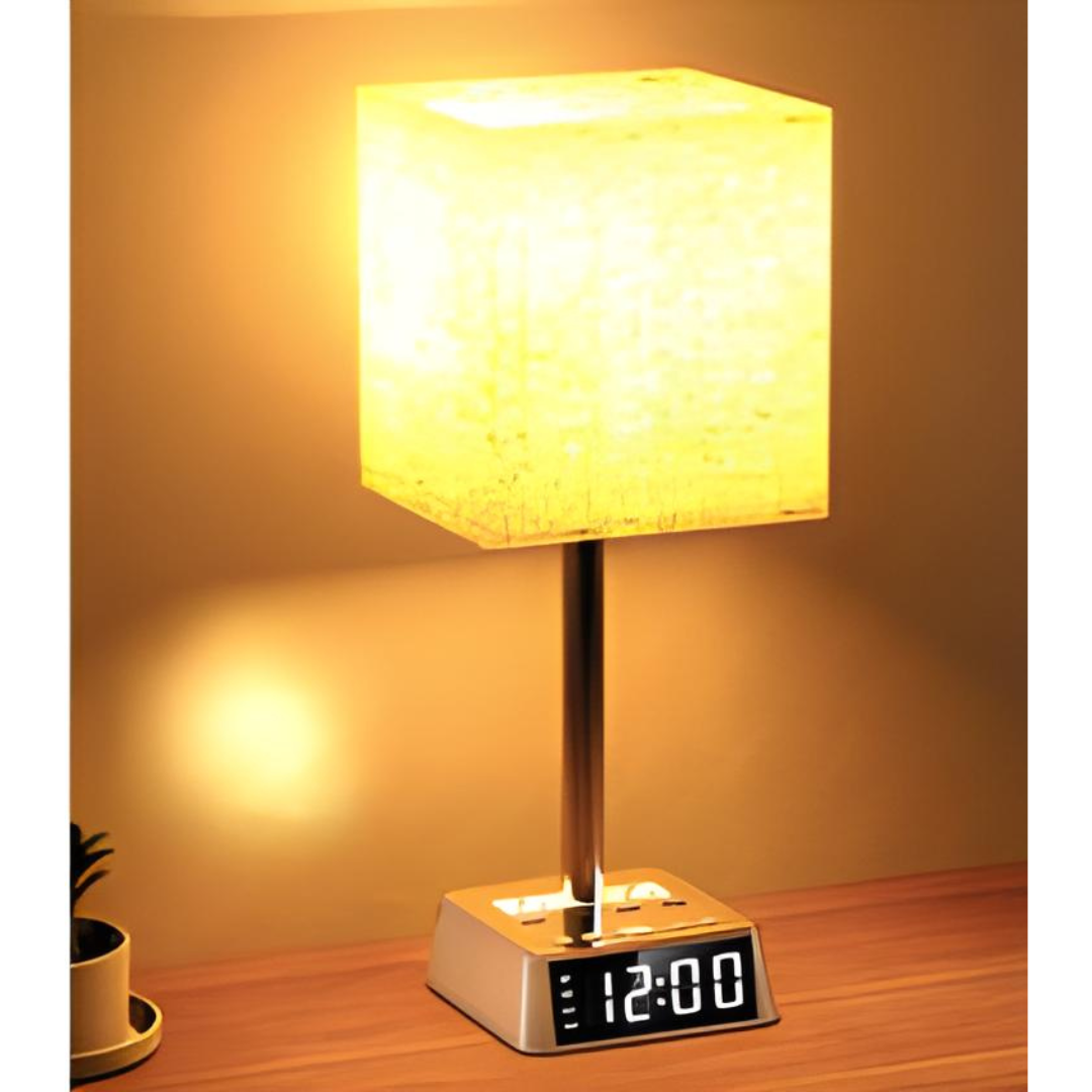 Table Lamp 4 USB Ports 2 AC Power Outlets Alarm Clock w/ LED Display