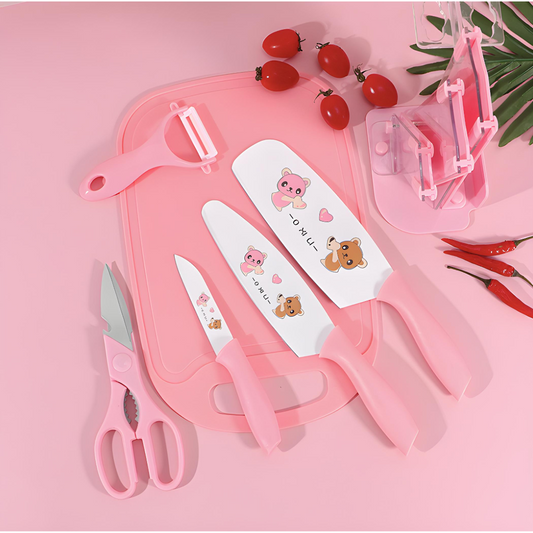 Animated Cute Bear Stainless Steel Kitchen Knife & Scissor 5 Piece Set