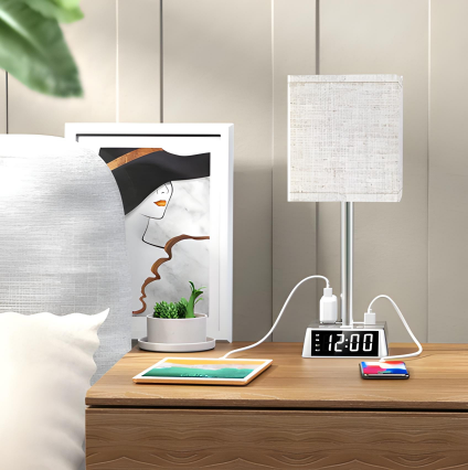 Table Lamp 4 USB Ports  2 AC Power Outlets Alarm Clock w/ LED Display